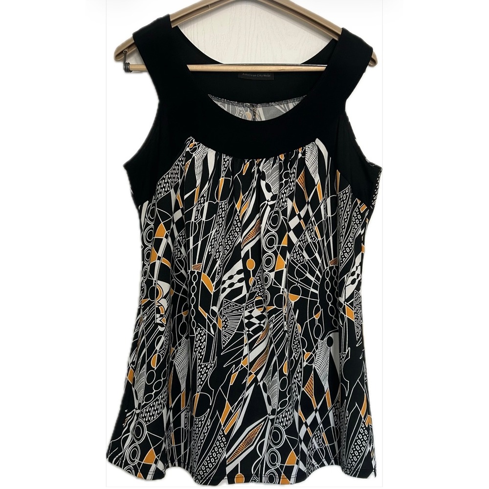 American City Wear Geometric Abstract Print Sleeveless Tunic Top Black Orange M